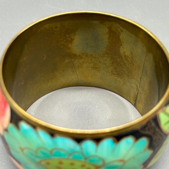 Brass Bangle Bracelet Hand Painted Floral Enamel Wide Boho Retro Vintage Style - Picture 5 of 9